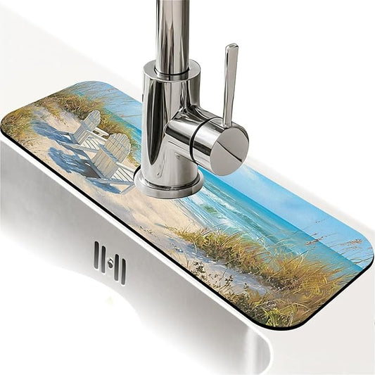 Kitchen Sink Splash Guard，Beach-scene Faucet Mat Sink Gadgets-Super Absorbent Fast Drying Mat Drip Catcher for Kitchen, Bathroom,Sink Mat, Dish Drying Mat, Bathroom(15" X 5.5" )