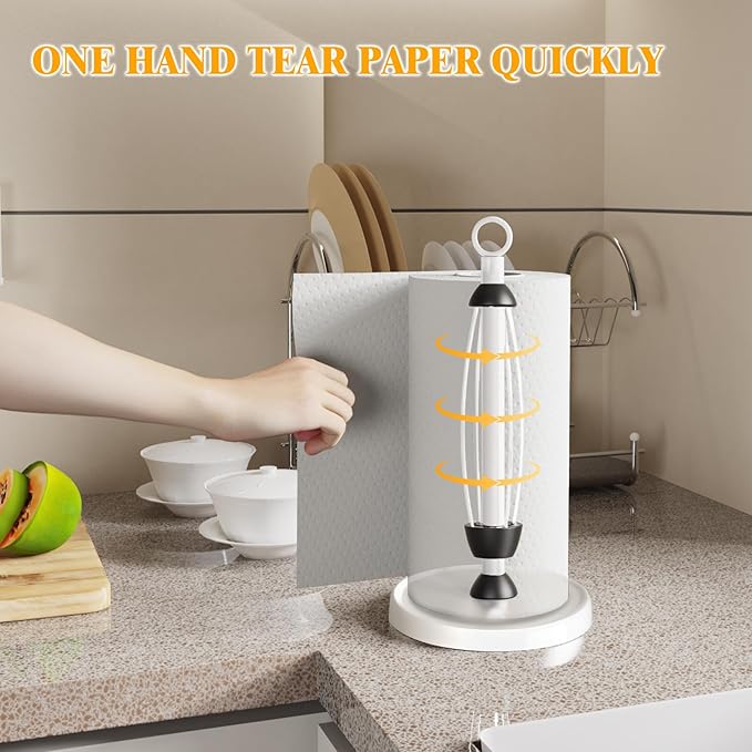 White Paper Towel Holder Countertop, White Kitchen Accessories Decor, One-Handed Tear, Stainless Steel, Weighted Base, Paper Towel Holder Stand with Ratchet System for Kitchen Farmhouse Essentials