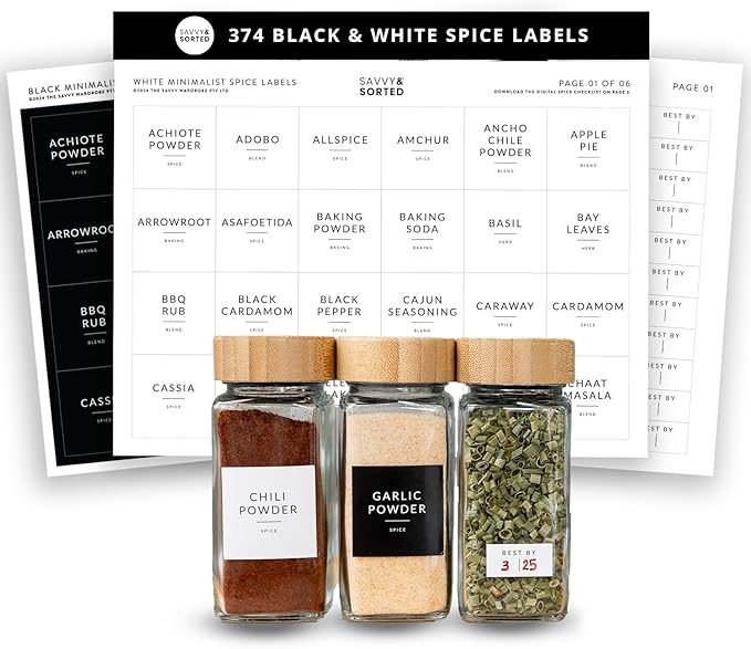 SAVVY & SORTED Square Spice Labels, 374 Preprinted Organizing Waterproof Stickers Designed for Spices Storage Glass Jars Bottles for Herbs Seasonings, Kitchen Pantry Organization