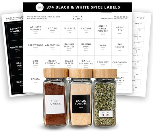 SAVVY & SORTED Square Spice Labels, 374 Preprinted Organizing Waterproof Stickers Designed for Spices Storage Glass Jars Bottles for Herbs Seasonings, Kitchen Pantry Organization