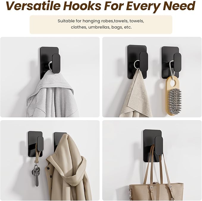 Eowihor Heavy Duty Self Adhesive Hooks - 26lb Max, Sticky Wall Hooks Stainless Steel for Hanging Towel, Coat, Robe, Waterproof & Rustproof Hooks Stick on Bathroom, Shower, Kitchen (Black, 4 Pack)