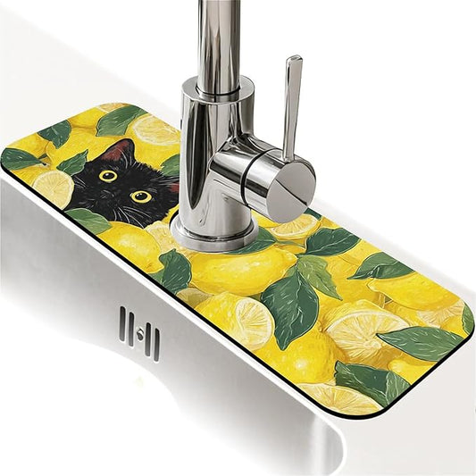 Kitchen Sink Splash Guard，Lemons and Cat Faucet Mat Sink Gadgets-Super Absorbent Fast Drying Mat Drip Catcher for Kitchen, Bathroom,Sink Mat, Dish Drying Mat, Bathroom(15" X 5.5" )