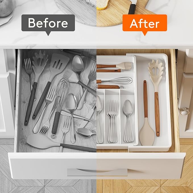 Lifewit Silverware Drawer Organizer, Expandable BPA Free Plastic Utensil Tray for Kitchen, Adjustable Flatware Cutlery Holder for Spoons Forks Knives, 13-22.3 x 16.7", White