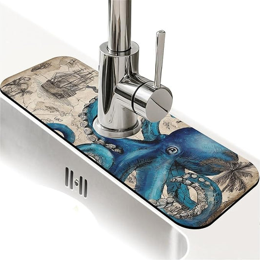 Kitchen Sink Splash Guard，Blue octopus and map Faucet Mat Sink Gadgets-Super Absorbent Fast Drying Mat Drip Catcher for Kitchen, Bathroom,Sink Mat, Dish Drying Mat, Bathroom(15" X 5.5" )