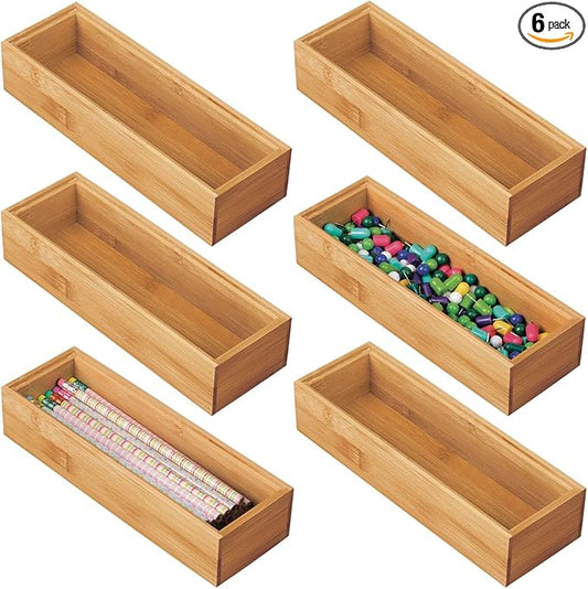 mDesign Wooden Bamboo Office Drawer Organizer Box Tray, Stackable Storage for Drawers, Cabinets, Shelves, Cubby, or Desktop, Hold Pens, Pencils, Supplies, Echo Collection, 6 Pack, Natural Wood Finish