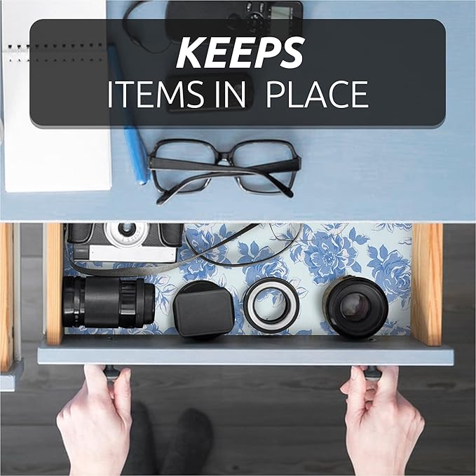 FIFTY FEET 18X96 Inch Shelf Liner for Kitchen Cabinets, PVC Drawer Liner for Dresser Non-Slip Bathroom, Non-Adhesive Cabinet Liner Washable (Blue Flower)(5 Roll)