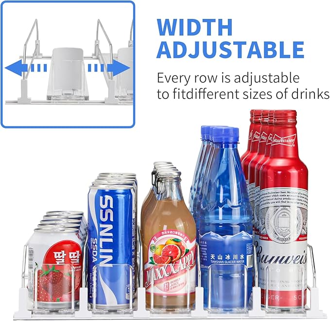 Drink Organizer for Fridge，adjustable soda can and bottled beverage dispenser,automatic sliding , soda can organizer，Holds up to 25 Cans，5 Row
