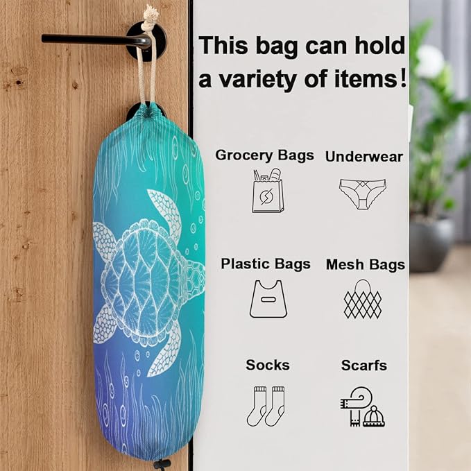 Summer Plastic Bag Holder Ocean Theme Sea Turtle Wall Mount Grocery Bag Holder Washable Plastic Bag Dispenser Garbage Bag Organizer for Home Kitchen Decor, Gifts for Women Mom Family Friends
