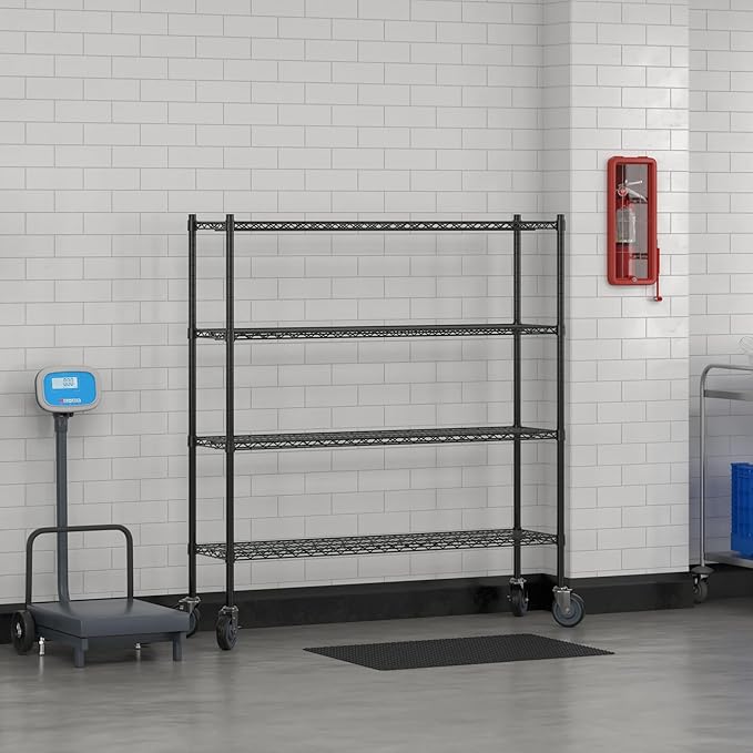 Commercial NSF Listed Black Epoxy Mobile Wire Shelving Kit 14" x 54" x 60", with 4 Shelves Perfect for Warehouse, Walk-in Refrigerator, Freezer, Grocery Store, Restaurant, Dishroom