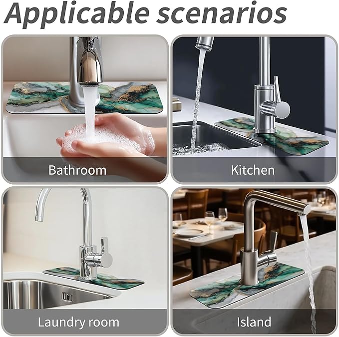Kitchen Sink Splash Guard，Jade green white marble Faucet Mat Sink Gadgets-Super Absorbent Fast Drying Mat Drip Catcher for Kitchen, Bathroom,Sink Mat, Dish Drying Mat, Bathroom(15" X 5.5" )