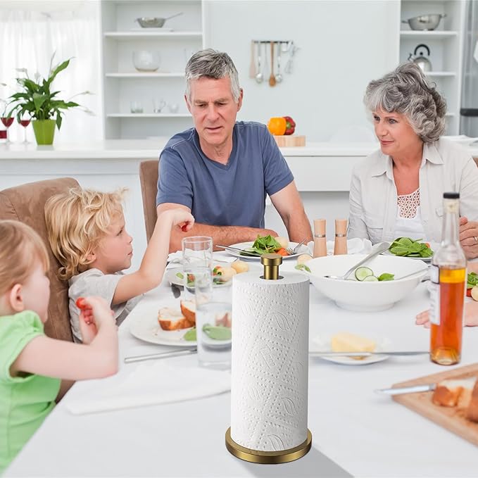 Paper Towel Holder Countertop, Gold Paper Towel Roll Holder for Kitchen Bathroom, One-Handed Operation Stainless Steel Paper Towel Holder with Weighted Base