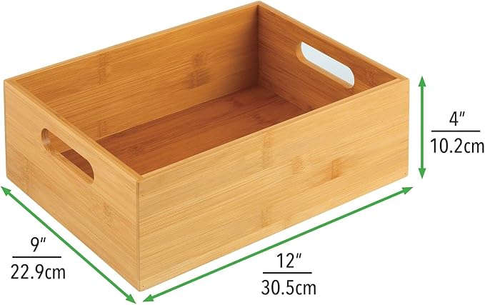 mDesign Bamboo Kitchen Cabinet & Fridge Drawer Organizer Tray with Handle - Storage Bin for Cutlery, Serving Spoons, Cooking Utensils, Gadgets - Natural Wood Finish
