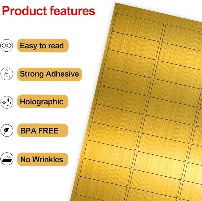 YEGAWEN 1" x 2-5/8" Address Labels- Gold Shipping Labels Stickers/Mailing Labe Stickers for Laser/Inkjet Printer, Matte Gold, 8.5”×11"- 20 Sheet