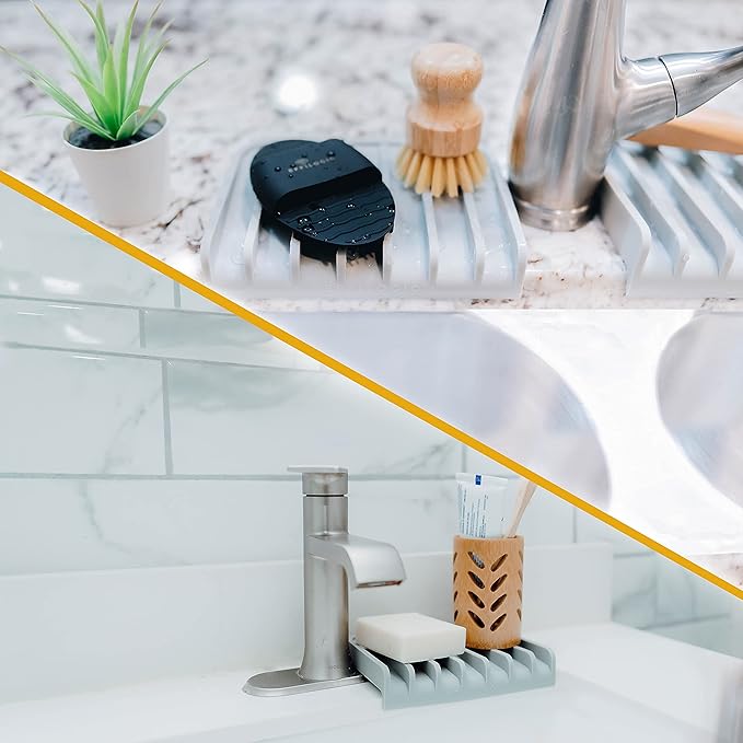 Effilogic Silicone Sponge Holder – Self-Draining Kitchen Sink Organizer, Quick Dry Mat and Counter Protector – Dishwashing Accessories for Sponges, Brushes, and Soap - Medium Grey