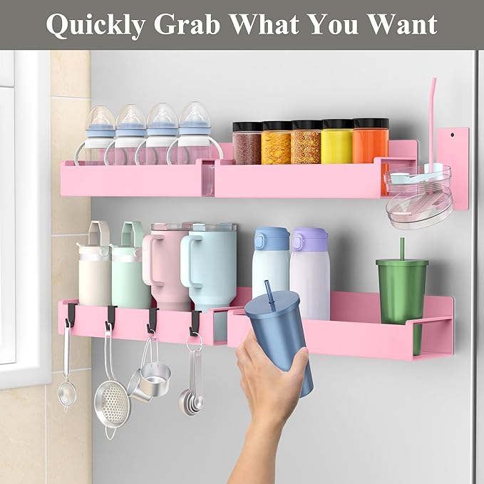 HuggieGems Magnetic Water Bottle Holder for Refrigerator, Cup Holder Organizer for Stanley and Tumbler for Kitchen, 4 Pack, Pink