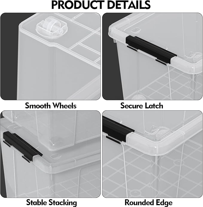 Parlynies 4-Pack Holiday Tote, Plastic Storage Organizer Bins with Wheels, 50 L, Clear, Stackable Organizing Containers for Home, Garage, and Office