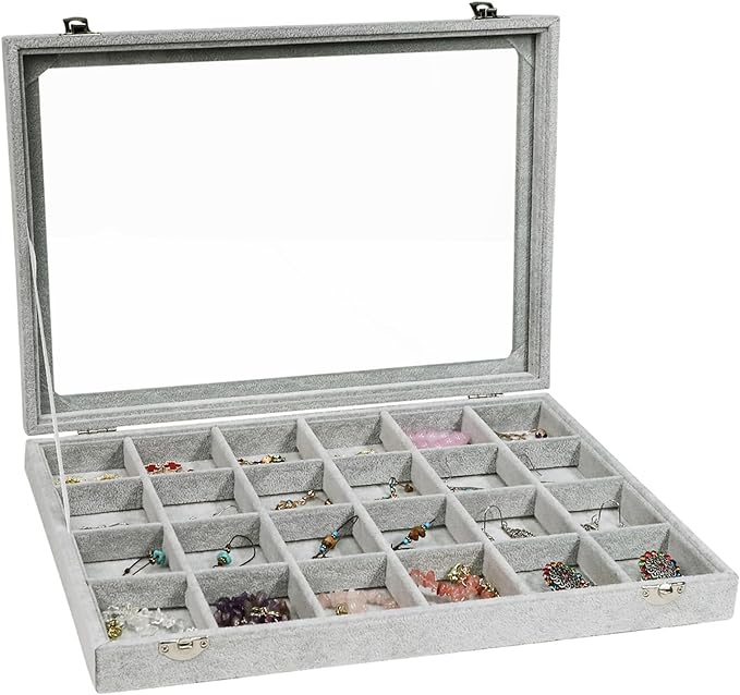 Stratalife Velvet Jewelry Organizer 24 Grid Jewelry Tray with Clear Glass Lid Display Showcase Storage Organizer Box for Earring Necklace Rings Dice Gray (24 Grids)