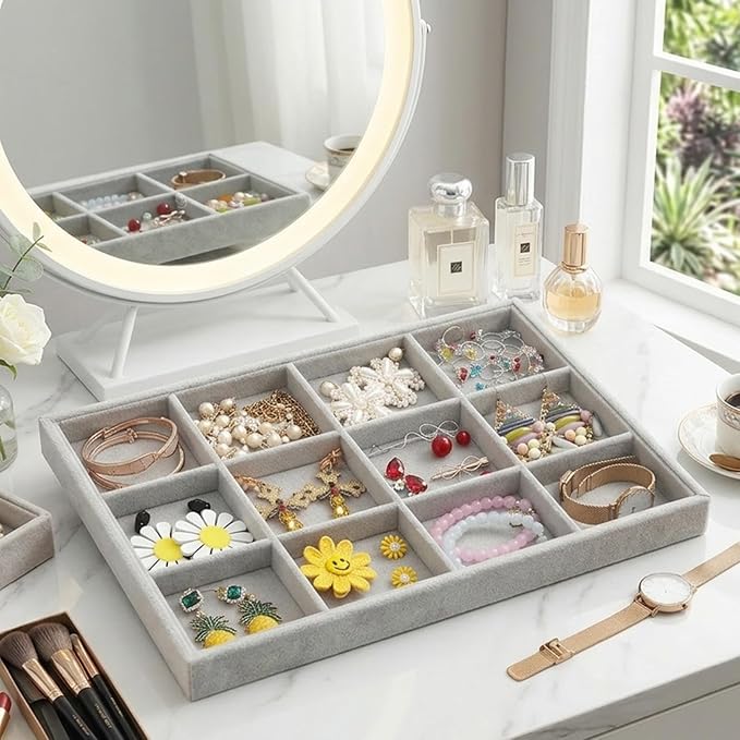 Stratalife Earring Organizer Stackable Jewelry Tray Removable Display Tray Organizer for Jewelry Necklace Earring Drawer Insert 12 Grid Grey