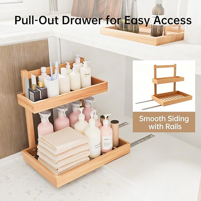 Bamboo Undersink Organizer Storage - 2-Tier Cabinet Shelf with Adjustable Levels, Under Sink Storage Slide Out for Cabinet Pantry Kitchen Bathroom