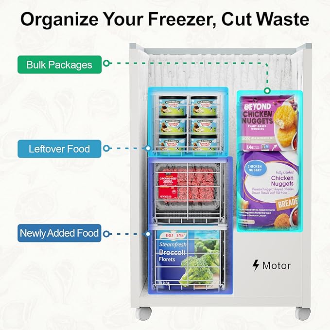 iSPECLE Deep Freezer Organizer Bins - for 3.5 Cu.Ft Chest freezer, 3 Pack Stackable Chest Freezer Organizer with Label Plates & Folding Handles, Heavy Duty Metal Storage, Assembly Required, White