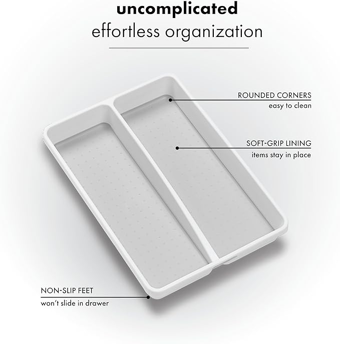 madesmart Classic Mini Utensil Tray, Soft Grip, Non-Slip Kitchen Drawer Organizer, 2 Compartments, Multi-Purpose Home Organization, BPA Free, White