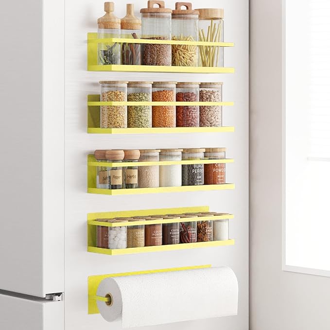 Roysili Magnetic Spice Rack For Refrigerator Magnetic Fridge Shelf For Kitchen Spice Organizer Magnetic Shelf For Fridge Space Saving Yellow 4 Pack With Magnetic Paper Towel Holder