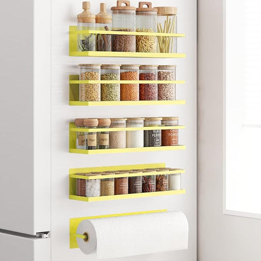 Roysili Magnetic Spice Rack For Refrigerator Magnetic Fridge Shelf For Kitchen Spice Organizer Magnetic Shelf For Fridge Space Saving Yellow 4 Pack With Magnetic Paper Towel Holder