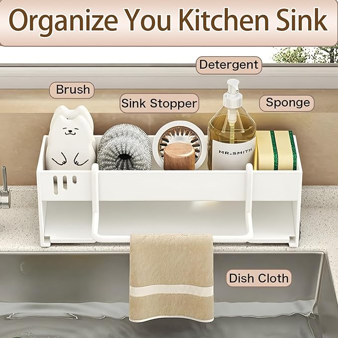 BREIS Sponge Holder for Kitchen Sink, Caddy Organizer with Rag Holder, Countertop Self-Draining Sponge Caddy, Rustproof Sink Storage Rack for Soap Dispenser Storage Accessories (Large-White)