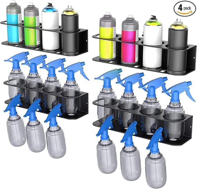 WALMANN Wall Mount Spray Bottle Holder, Metal Spray Can Storage Rack for Garage Workshop, Paint Aerosol Can Holder, Pack of 4
