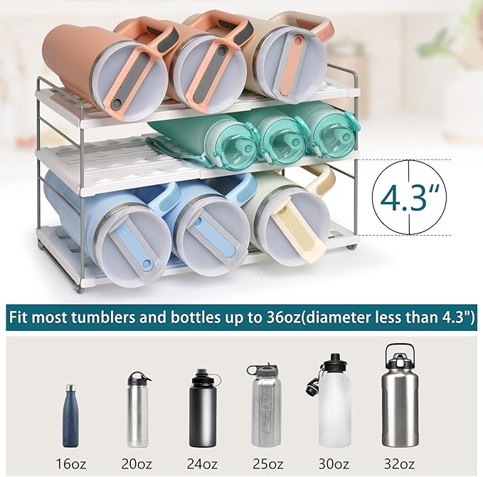 Water Bottle Organizer For Cabinet, Expandable Water Bottle Holder Rack, Adjustable Tumbler Storage For Kitchen Organization, 3 Tier Cup Organizer For Sports Flask Insulated Travel Mug Fridge, White