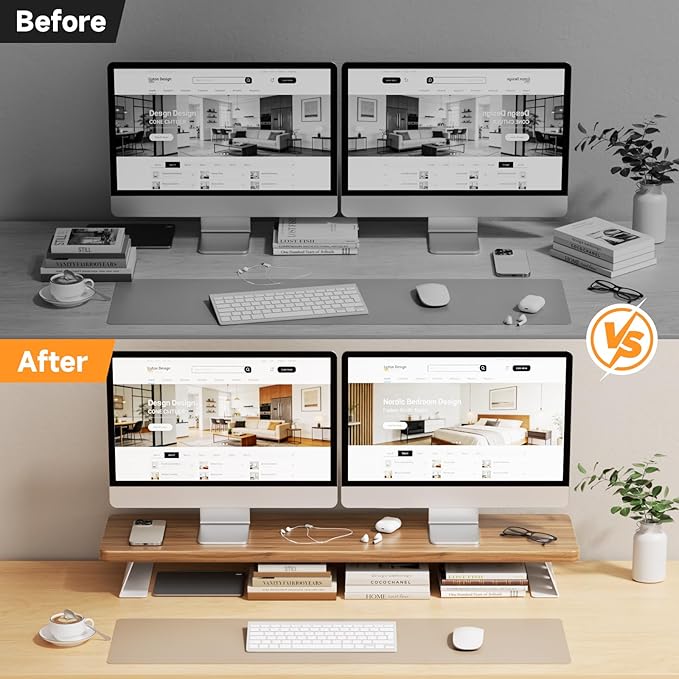 Dual Monitor Stand Riser, 39 Inch Large Wood Monitor Stands for 2 Monitors, Desk Monitor Riser for Computer/Laptop/Printer/TV, Stand Riser up to 220 lbs