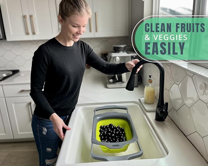 Comfify XL Large Kitchen Strainer - Collapsible Silicone Over-The-Sink Colander with Extendable Handles - Use with Pasta, Fruit, Berries & Veggie - 6 Quart - Green