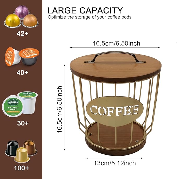 Round Coffee Pods Holder with Wooden Lid and Base,Wire Coffee Pods Storage Basket for Home Cafe Bar Countertop Decor(Gold)