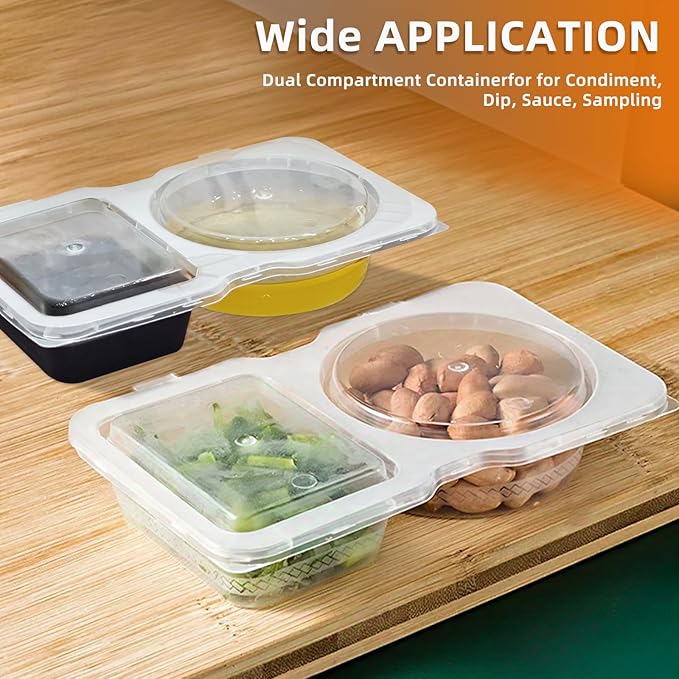 Plastic Reusable Snack Containers With Lids 50pcs,Double Compartment Condiment Container For Take-Out Sauces Outdoor Travel (50)