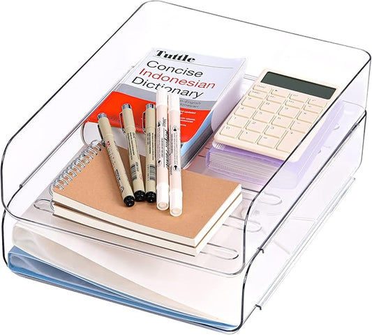 2 Pack Stackable Paper Tray, Acrylic File Organizer for Desk, Office Organizer and Storage for Desk Accessories, Notes, Books, File Paper, Document