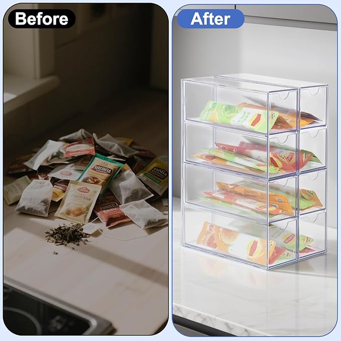8 Drawers Drink Packet Organizer Drink Mix Holder Water Packet Organizer, Stackable Acrylic Water Flavor Packets Container for for Kitchen Countertop Pantry Cabinet