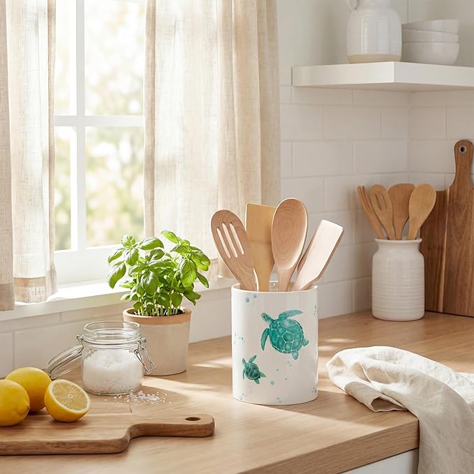 WILLBOND Sea turtle Utensil Holder Cute Acrylic Kitchen Decor Cooking Utensil Crock Storage Caddy Organizer for Spatula Cooking Tools Kitchen Countertop Spoon Holder Jar Housewarming Gift