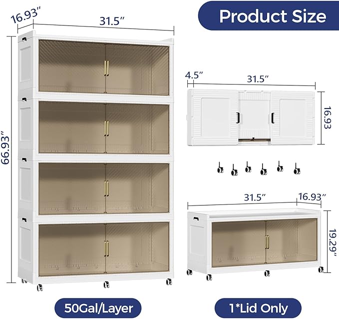 QAVABIN 200GAL Extra Large Storage Bins with Lid, 800QT Collapsible Organizer with Wheels, Stackable Closet Cabinet with Doors, Folding Storage Containers for Home, Office, Kitchen, 4Pack White