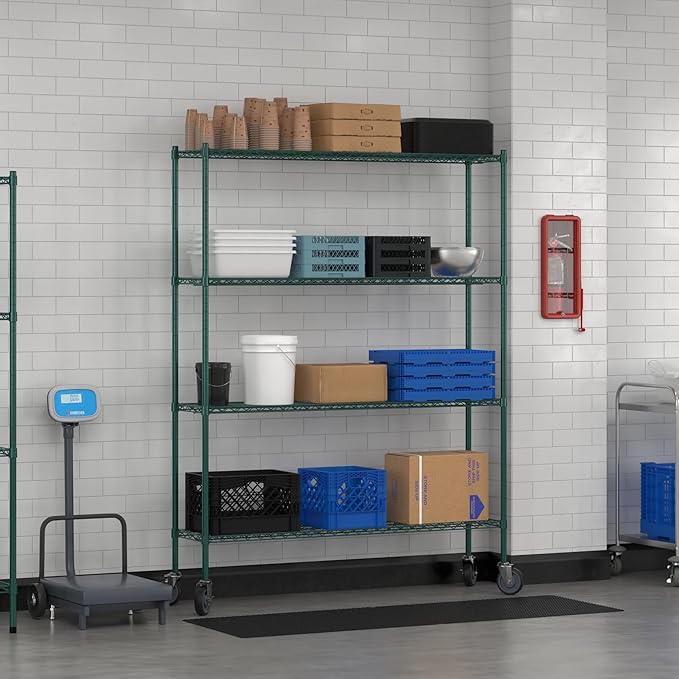 Commercial NSF Listed Green Epoxy Mobile Wire Shelving Kit 14" x 60" x 80", with 4 Shelves Perfect for Warehouse, Walk-in Refrigerator, Freezer, Grocery Store, Restaurant, Dishroom