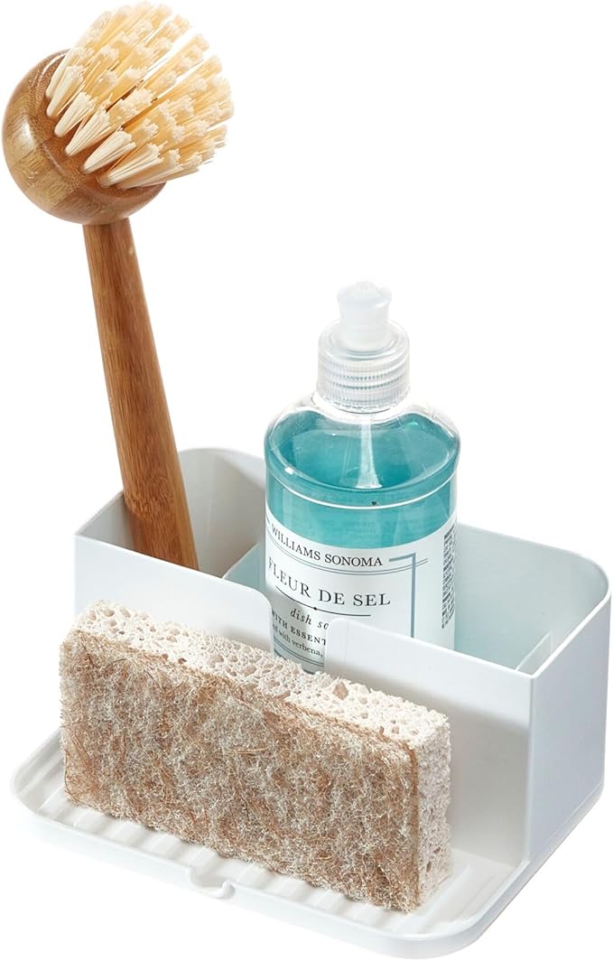 iDesign Kitchen Sink Caddy for Countertop with Sponge Holder and Drain Spout - White