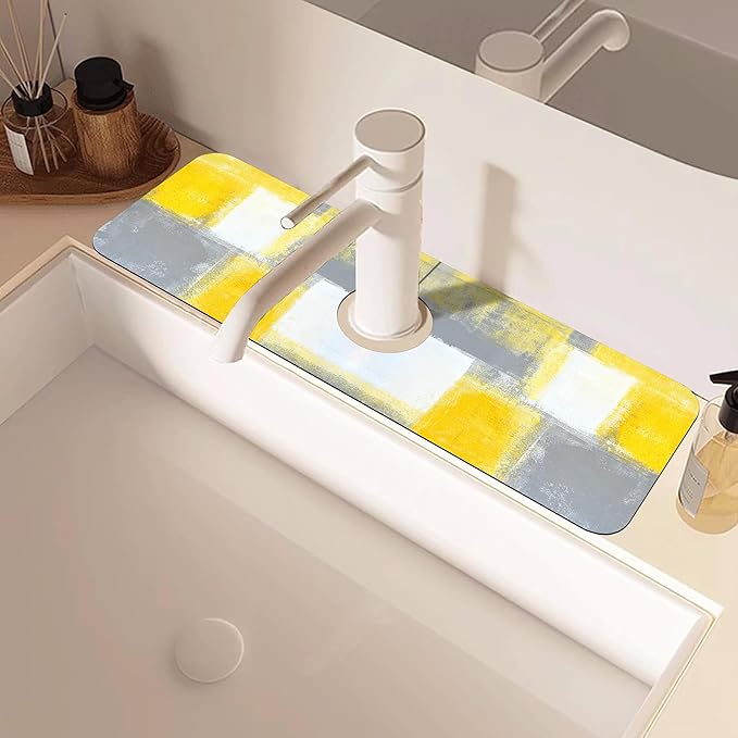 Grey and Yellow Abstract Kitchen Sink Splash Guard Mat Absorbent Fast Drying Mat Faucet Draining Mat Sink Splash Guard Behind Faucet Drip Catcher for Kitchen Bathroom 5.5"×15"