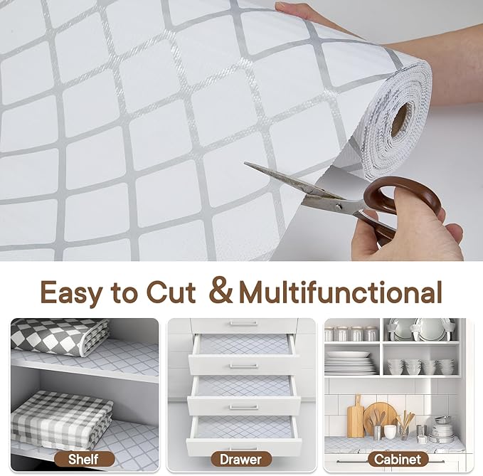Shinlendid Shelf and Drawer Liner for Kitchen Cabinets Non-Adhesive, Strong Grip Non-Slip Thickened Cabinet Liners for Shelves, Waterproof Mats for Dresser Cupboard, Silver Stripe, 24 in x 20 Feet