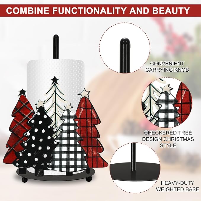 JarThenaAMCS Christmas Paper Towel Holder Waterclor Buffalo Plaid Xmas Tree Kitchen Decor Accessories Large Metal Towel Holder Stand for Winter Home Bathroom Countertop