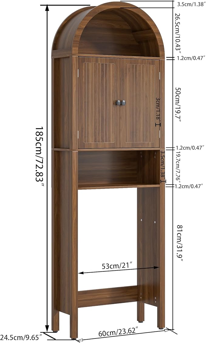 Arched Over The Toilet Storage Cabinet with Fluted Doors, 4 Tier Small Bathroom Shelf Organizer, Mid Century Modern Bathroom Cabinet with Adjustable Shelf, Slim Narrow Arch Toilet Rack, Walnut