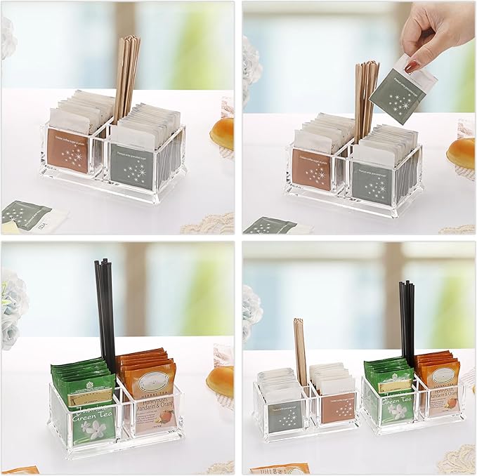 ELLDOO 2 Pack Sugar Packet Holder, Acrylic Sugar Bowl for Restaurant, Tea Bag Organizer, Coffee Stirrers Straws Small Condiments Packet Holder, Sugar Caddy Dispenser for Countertop Coffee Bar