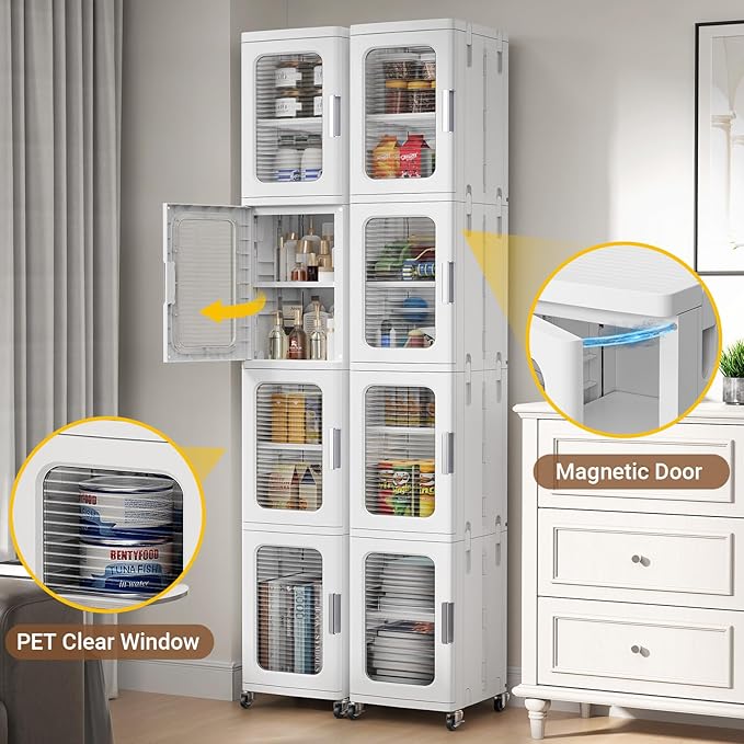 BROVIEW 4-Tier Tall Narrow Storage Cabinet Organizer, Slim Bathroom Cabinets with Adjustable Shelves and Doors, Plastic Kitchen Pantry Organizers and Storages for Small Space, Laundry, White