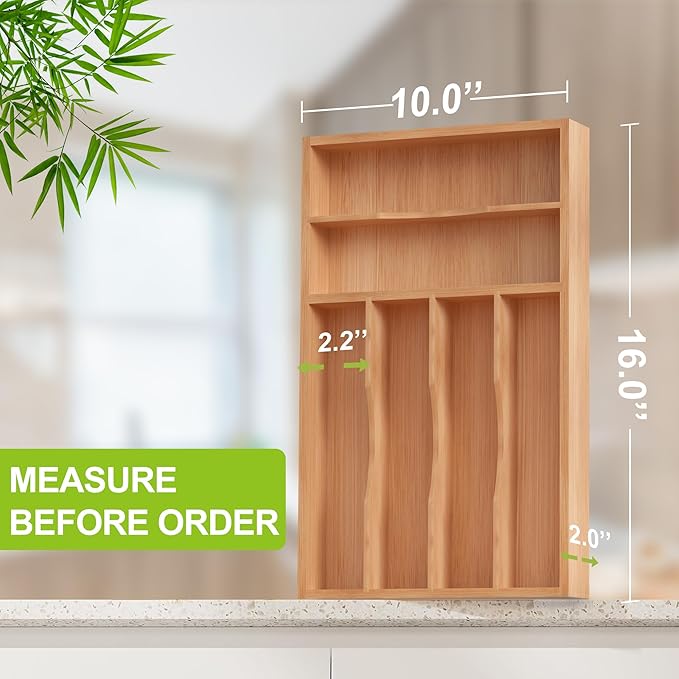 Bamboo Utensil Drawer Organizer with Removable Dividers, Kitchen Organizer for Flatware Cutlery, Silverware Tray for Drawer (6/5 Flexible Slots, Natural)