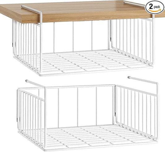 SUFAUY 2-Pack Under Shelf Basket Storage, Under Cabinet Hanging Organizer Holds up to 22lbs, Add Shelves for Storage for Pantry Closet, 11.3“d x 12.3" w, White