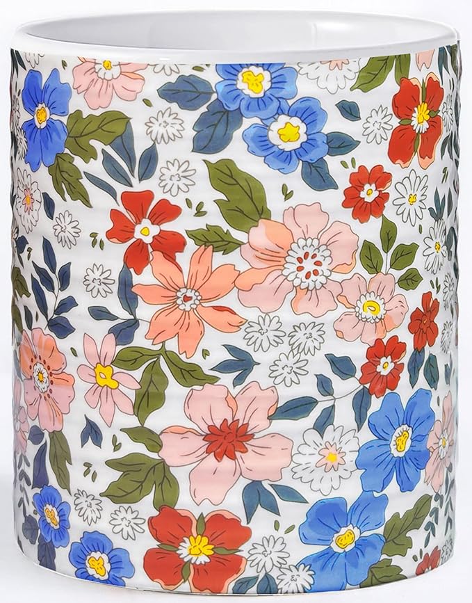 Kitchen Utensil Holder,7.2″Extra Large Stable Vintage Floral Pattern Ceramic Utensil Crock,Flower Utensil Organizer for Countertop,Kitchen Decor,Utensil Holder for Housewarming Gift Pink