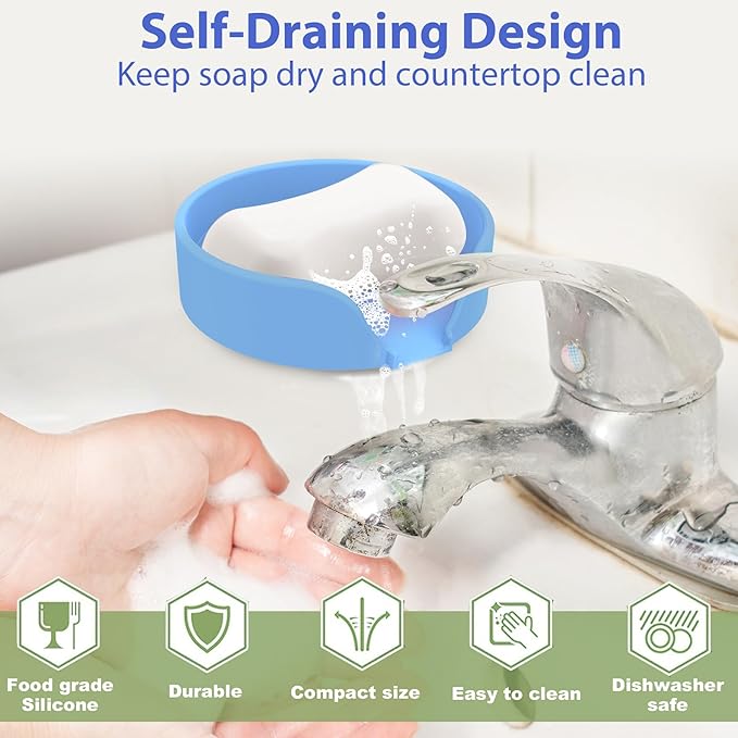 Self Draining Soap Dish, Silicone Soap Holder with Suction Cup and Drain Spout, Kitchen Bathroom Sink Organizer, Dish Soap Bar Tray Savers Sponge Holder, Perfect for Dispenser, Scrubber, Bottle, Cup